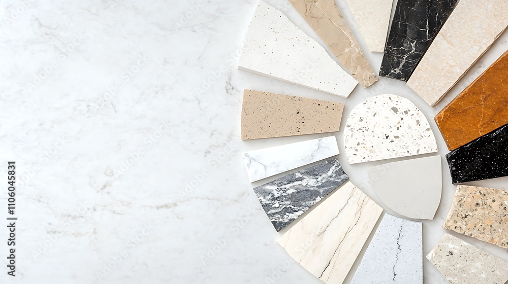 Poster elegant display of various marble and stone samples arranged in a circular pattern
