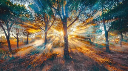 Obraz premium Serene Dawn in a Forest with Sun Rays Streaming Through Trees Creating a Magical Atmosphere of Light and Color