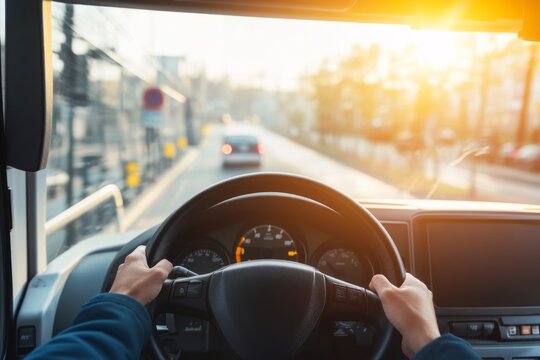 Driver turns steering wheel of truck, bus at sunset. POV. Skilled chauffeur drives lorry to deliver freight. Cargo shipping service. Journey. Drivers Hands on a wheel. Travel. Personal Perspective
