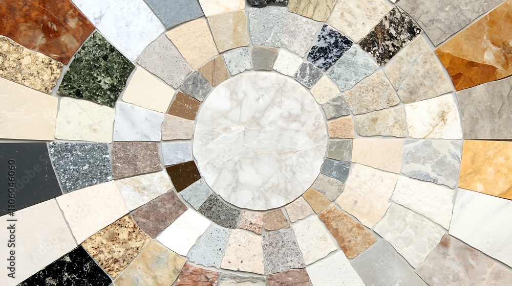 Poster elegant display of various marble and stone samples arranged in a circular pattern