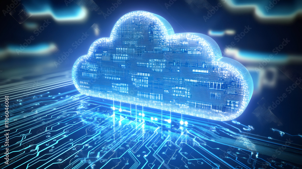 Leinwandbilder innovative digital environment: glowing lines connecting cloud computing technology to circuit board