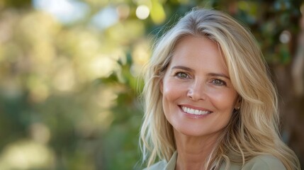 Naklejka premium A close-up portrait of a woman in her 40s with a warm smile, showcasing her experience and wisdom