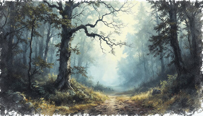 A misty forest in the early morning.
