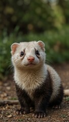 Ferret posing for a portrait on a park path.