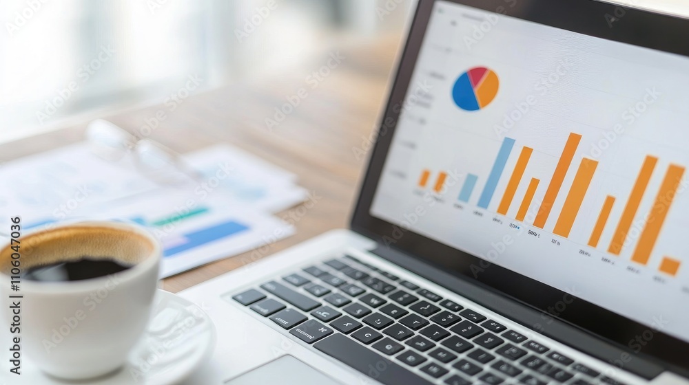 Aufkleber an overhead view of a workspace with a laptop showing a financial bar chart, accompanied by document