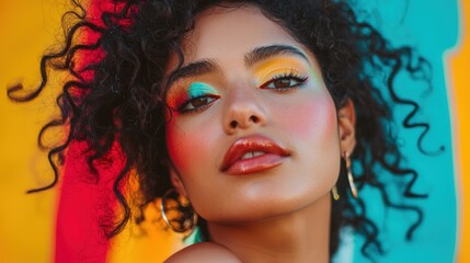 Obraz premium A close-up portrait of a woman with colorful makeup, emphasizing her creativity and flair