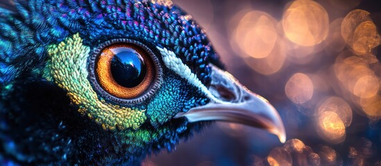 Obraz premium Close-up of a bird's eye with iridescent feathers and a blurry background.