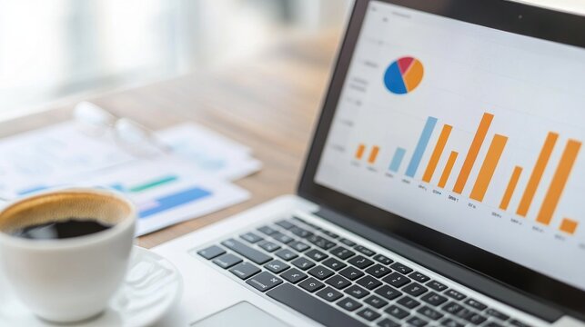 An overhead view of a workspace with a laptop showing a financial bar chart, accompanied by documents and coffee, capturing the essence of productivity and financial analysis in a casual setting.