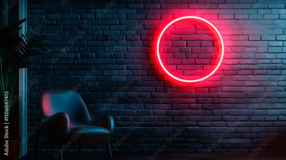 Poster modern and stylish atmosphere in a relaxing lounge with a red neon sign on a brick wall and an armch