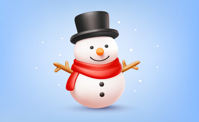 Vector christmas illustration of cartoon snowman on blue background with snowflake. 3d realistic style winter holiday design of cute snowman for Merry Christmas and Happy New Year banner