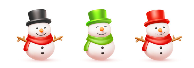 Vector christmas illustration of set of cartoon snowman with different emotion on white background. 3d realistic style winter holiday design of snowman for Merry Christmas and Happy New Year banner