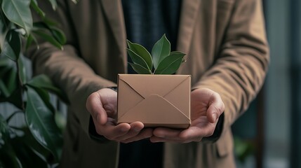 Person holding a small plant in a cardboard envelope