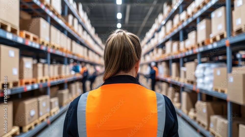 Poster warehouse worker observing stacks of cardboard boxes in a large distribution center during daytime s