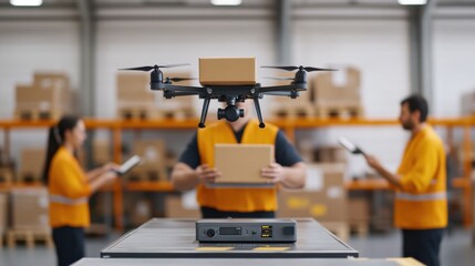 Innovative Warehouse Operation Featuring Drone Delivery System Amidst Efficient Inventory Management with Workers in Safety Vests Handling Packages and Technology