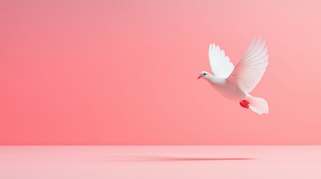 White dove in flight against pink background. Peace and hope with copy space