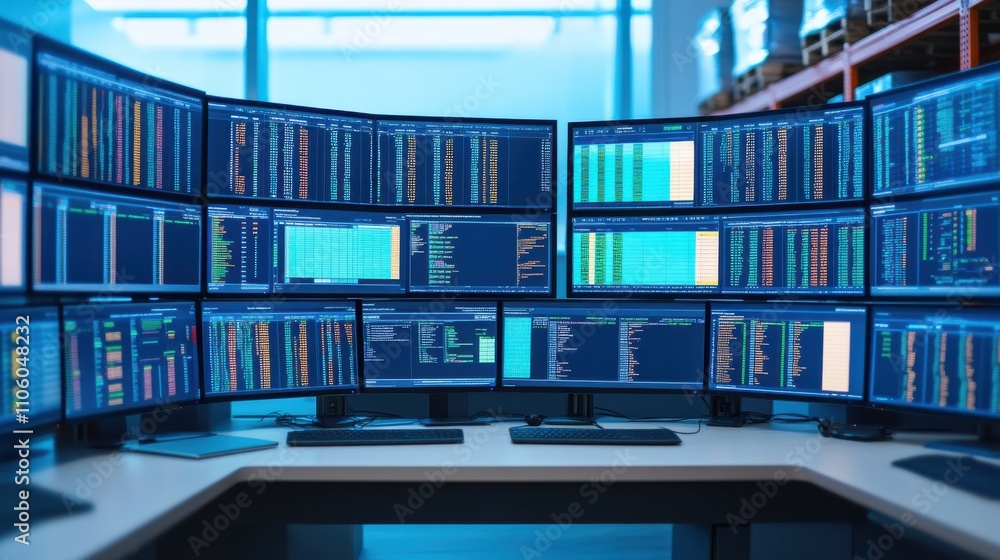 Poster high-tech trading desk with multiple monitors displaying stock market data, financial charts, and an