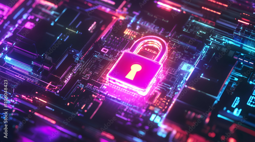 Poster glowing pink and orange padlock on futuristic neon circuit board symbolizing cybersecurity and data 