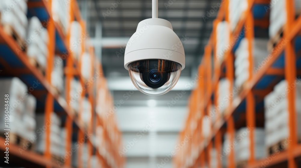 Poster high-definition security camera hanging in a modern warehouse aisle with blurred shelving in the bac
