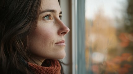A close-up shot of a woman looking off into the distance, capturing a moment of introspection