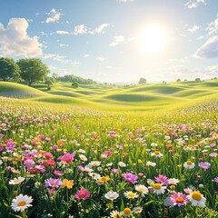 Rolling hills of wildflowers stretching as far as the eye can see in a sunny meadow, natural beauty, wildflower fields