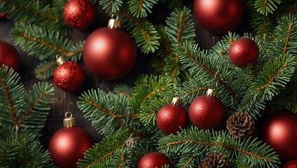 Fototapeta premium Festive Christmas tree branches with red balls and cones.