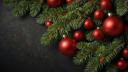 Festive Christmas tree branches with red balls and cones.