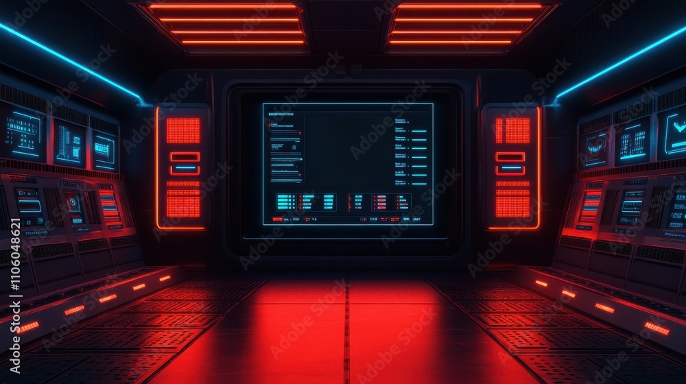 Poster futuristic digital control room with neon lights and advanced technology interface for science ficti