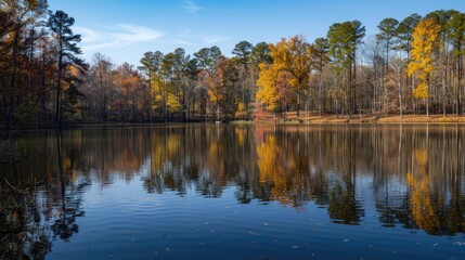 Fototapeta premium Park's lake neighboring pine woodland