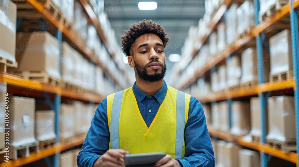 Poster warehouse worker using tablet to manage inventory, surrounded by shelves of boxes and packages in a 