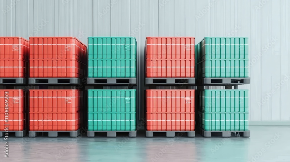 Poster colorful stacked pallets in a modern warehouse setting with a clean floor and well-lit environment f