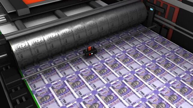One hundred thousand indian rupee bank note money printing. 4k looping animation footage