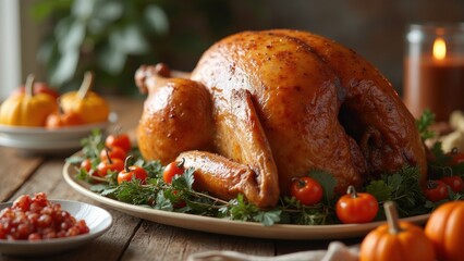 A golden-brown turkey rests on a large plate, surrounded by vibrant cherry tomatoes and tiny pumpkins, perfect for a cozy fall celebration or Thanksgiving dinner