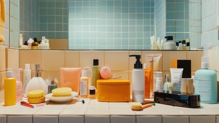 A cluttered bathroom counter scene highlighting everyday items, including skincare products and personal accessories