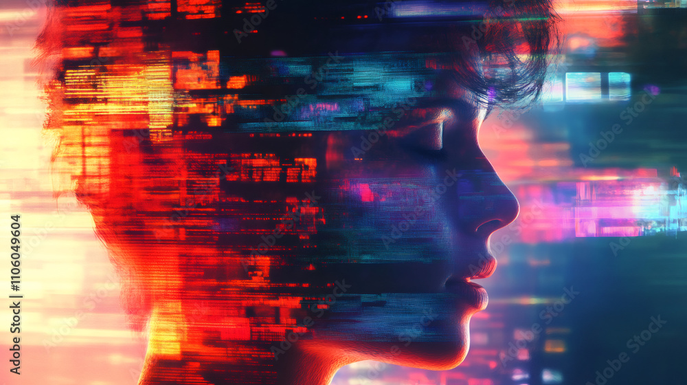 Poster digital transformation: woman's face merging with glitching data stream, symbolizing fusion of human