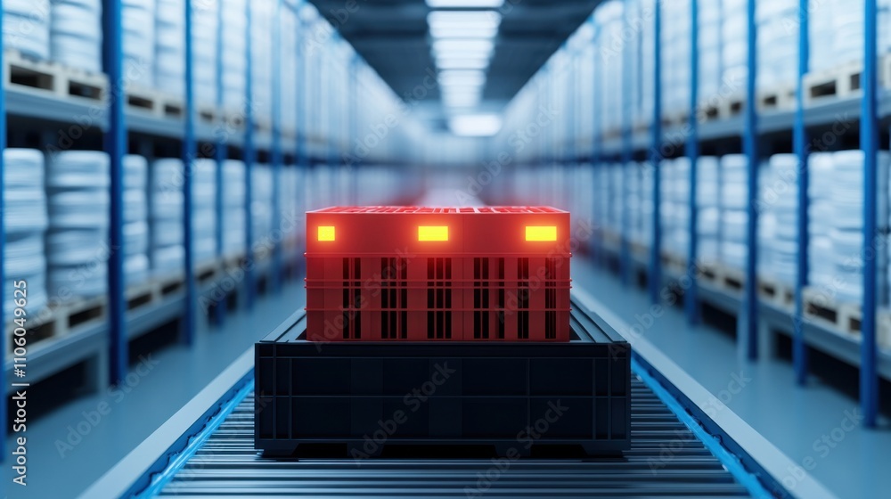 Poster industrial warehouse with automated conveyor system featuring red crates on black tray surrounded by