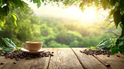 A serene coffee scene with a cup and coffee beans against a lush green backdrop.