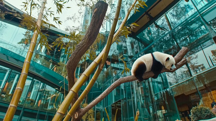 A playful panda rests on a tree branch amidst sleek glass architecture and vibrant bamboo, showcasing the harmony between nature and contemporary design.