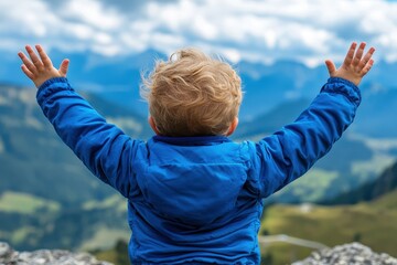 A cheerful child spreads their arms wide in celebration, experiencing the exhilaration of nature and its breathtaking mountain view under a vast blue sky.