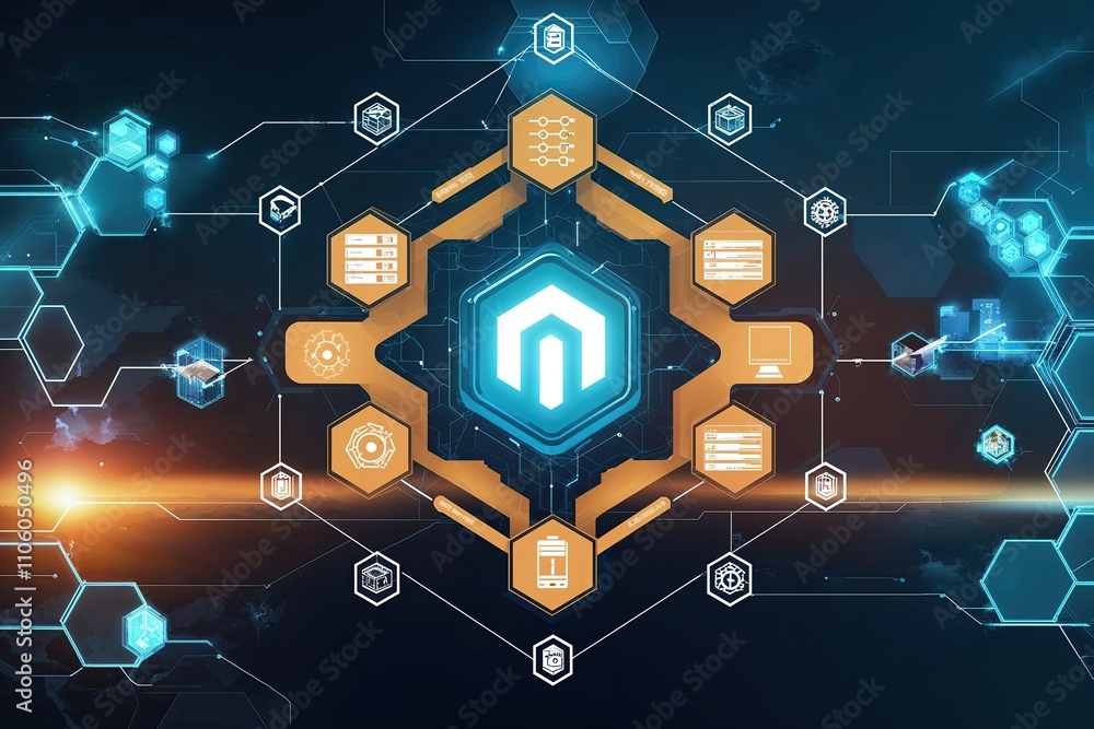 Poster advanced technology background featuring hexagonal connectivity and data flow dynamics