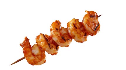 A skewer with five grilled shrimp.