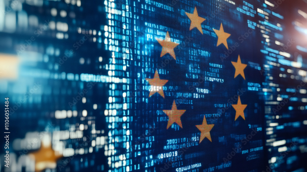Poster european union flag made of golden stars forming on a computer screen with scrolling binary code, re