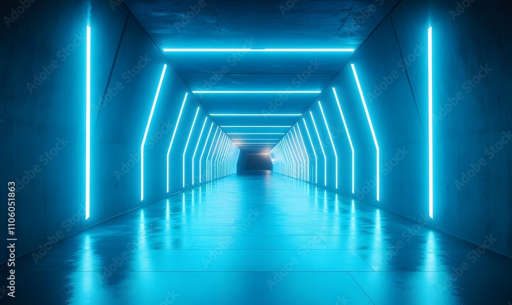Poster empty corridor with glowing, neon blue triangular lights embedded into the walls