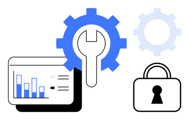 Chart with bar graph, wrench inside gear, and padlock. Ideal for data analysis, tool set-up, security, statistics, technology business productivity. Line metaphor