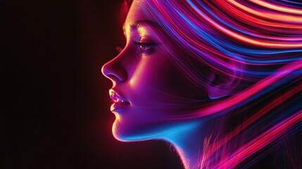 A vibrant profile of a woman with colorful light trails, showcasing artistic expression.