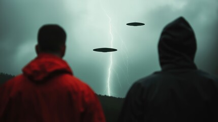 UFOs in storm sky with lightning and observers. Paranormal investigation concept