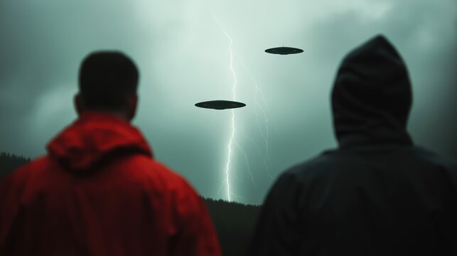 UFOs in storm sky with lightning and observers. Paranormal investigation concept