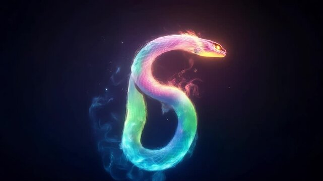 A colorful rainbow snake wrapping around a glowing orb amidst a chaotic explosion of stars and galactic dust. The snake&rsquo;s sleek