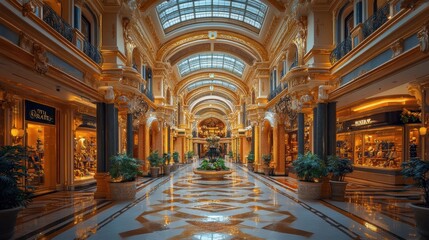 Naklejka premium A grand and luxurious interior shopping arcade with ornate architectural details, intricate tile flooring, and elegant shopfronts under a glass dome ceiling