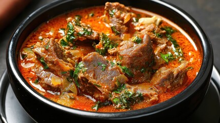 Fototapeta premium Delicious spicy beef stew recipe home kitchen food photography cozy setting close-up viewpoint