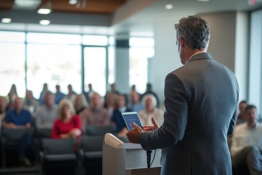 A confident CEO announces company changes in a town hall meeting, engaging employees with clear communication, focused leadership, and visible reactions in a bright and modern office setting.